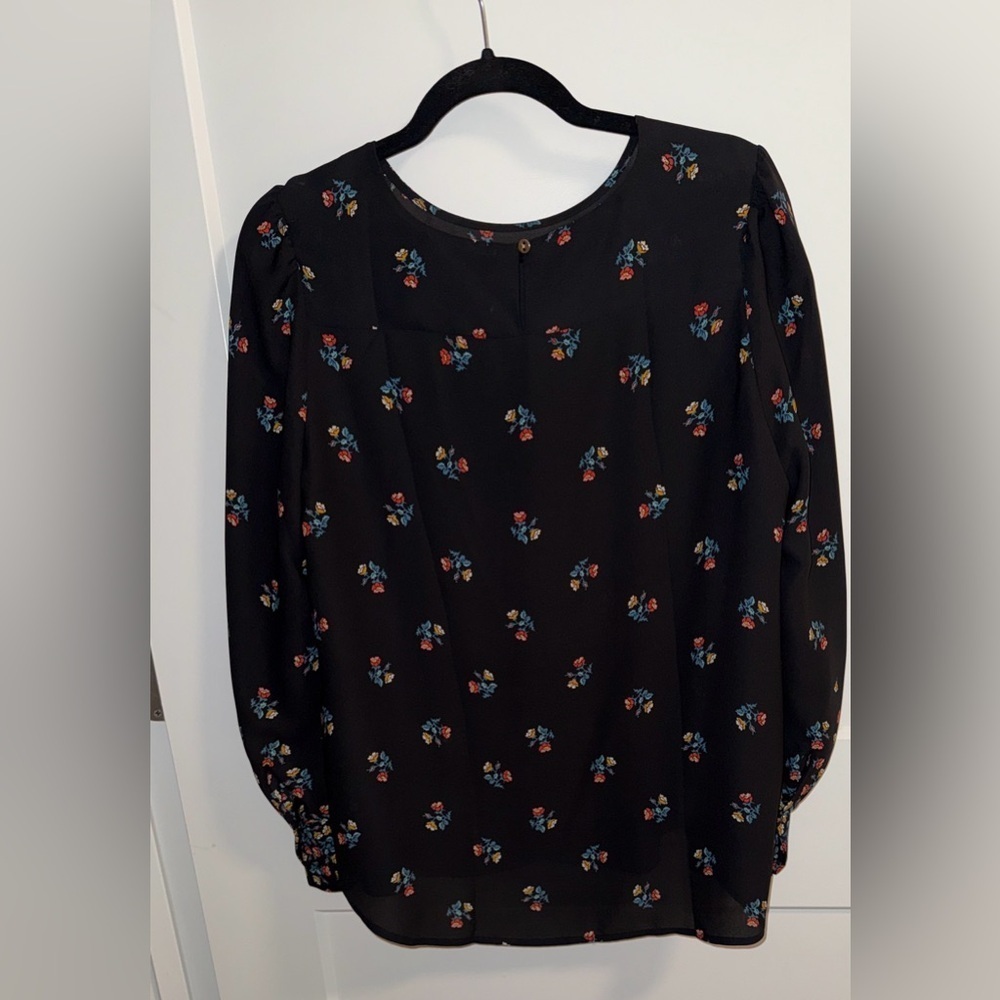 LOFT Black Floral Long-Sleeve Blouse with Red and Blue Accents - Picture 5 of 7